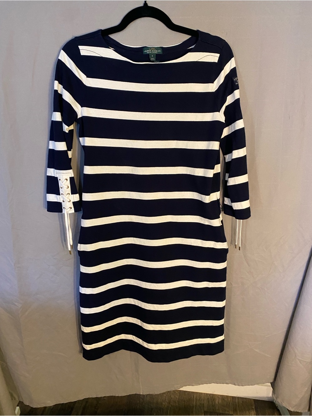 Ralph Lauren Navy & White Striped Lace-Up Sleeve Midi Dress